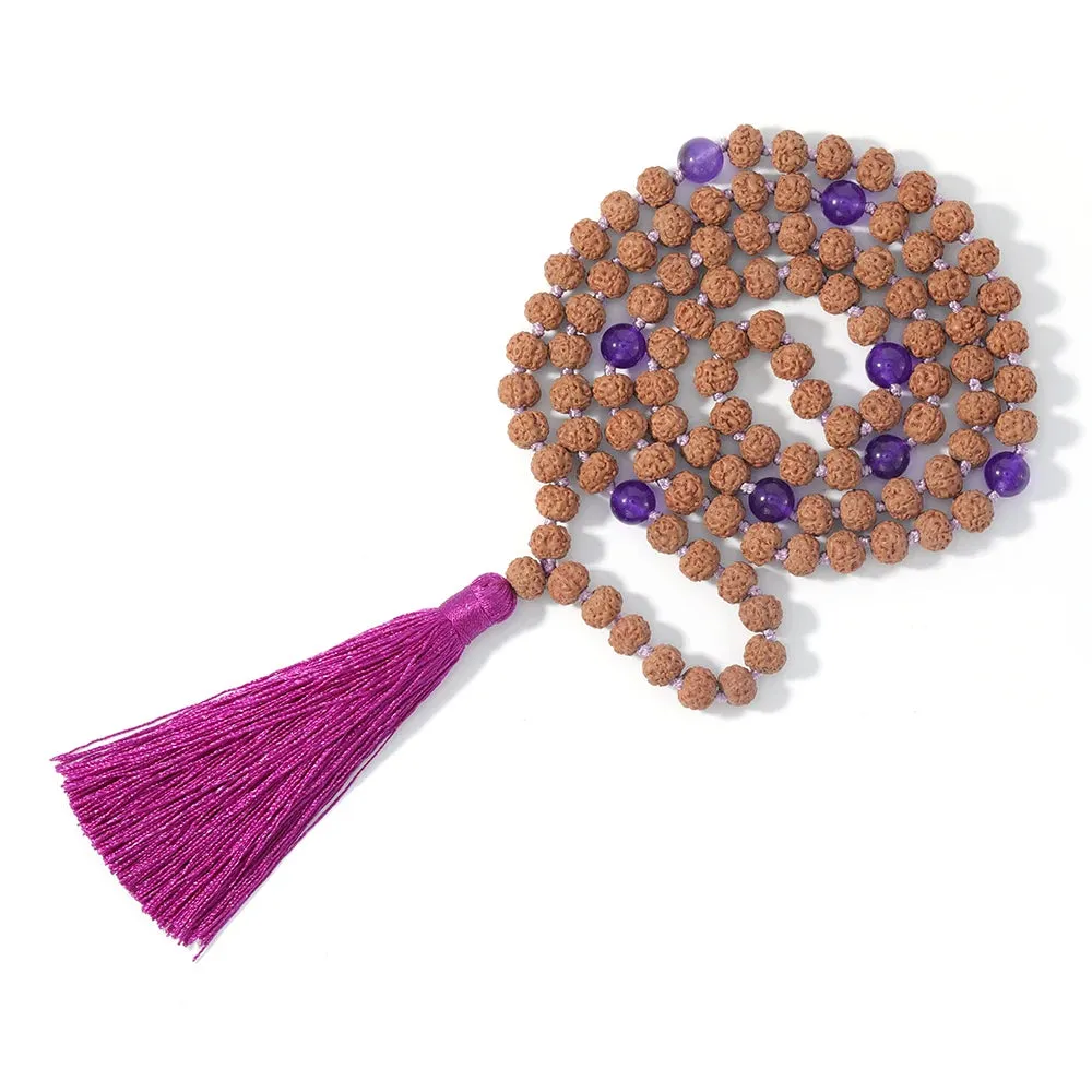 108 Rudraksha Beaded Knotted Necklace Natural Stone Marker Yoga Meditation