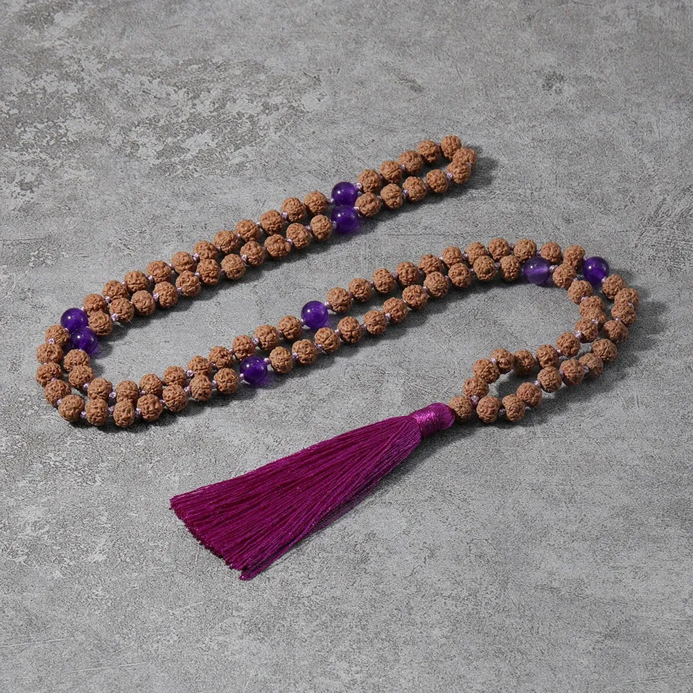 108 Rudraksha Beaded Knotted Necklace Natural Stone Marker Yoga Meditation