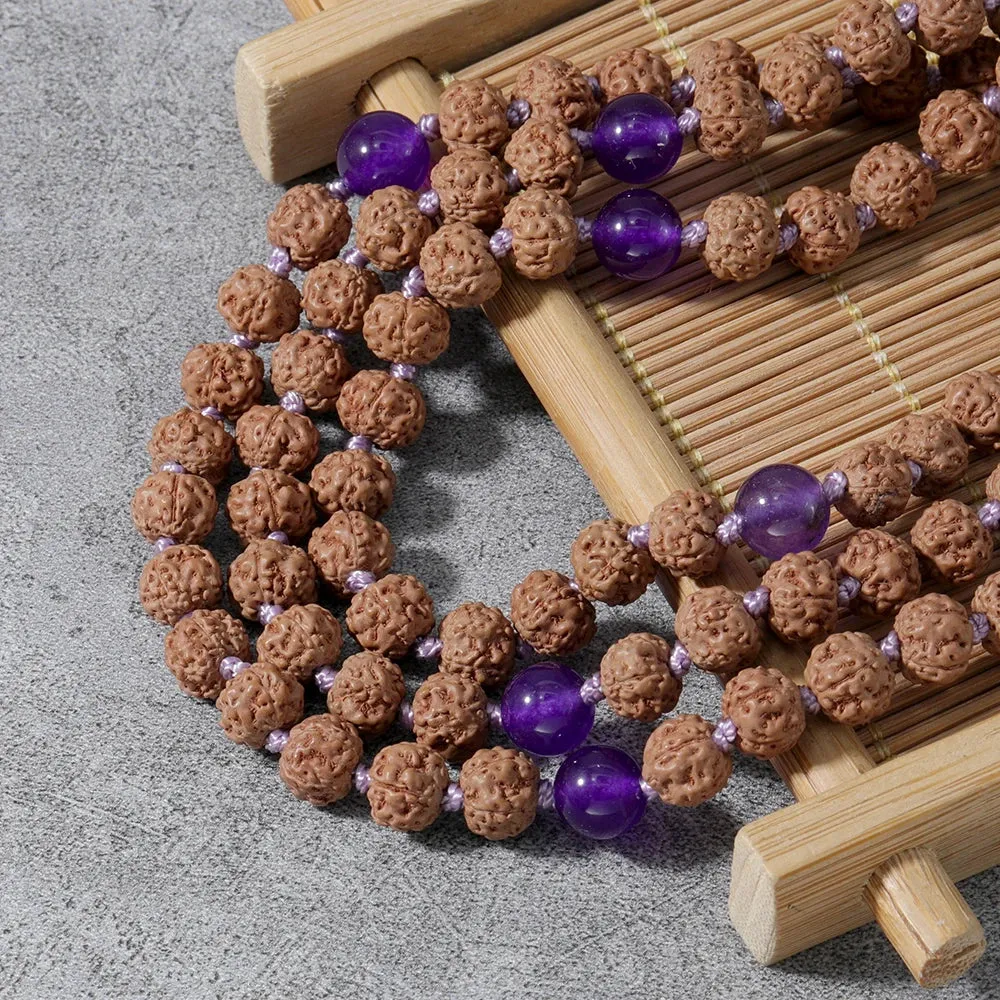 108 Rudraksha Beaded Knotted Necklace Natural Stone Marker Yoga Meditation
