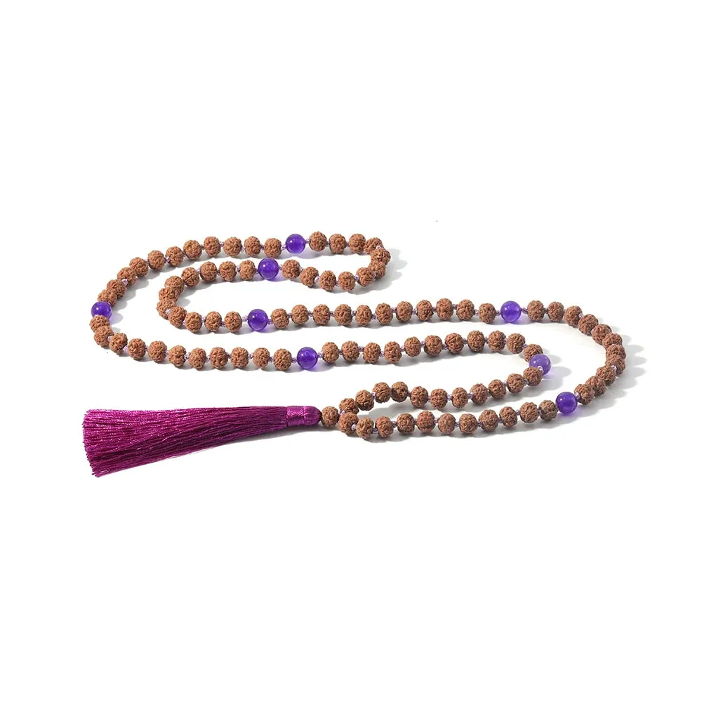 108 Rudraksha Beaded Knotted Necklace Natural Stone Marker Yoga Meditation