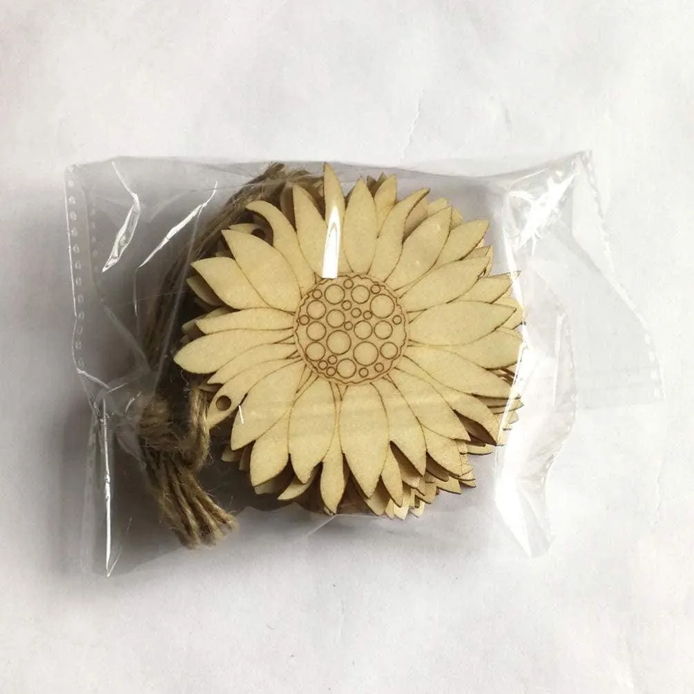 10Pcs Wood Slices Unfinished Wood Cutouts Shapes Pieces Sun Flower Crafts Confetti DIY Pendants with Hemp Rope
