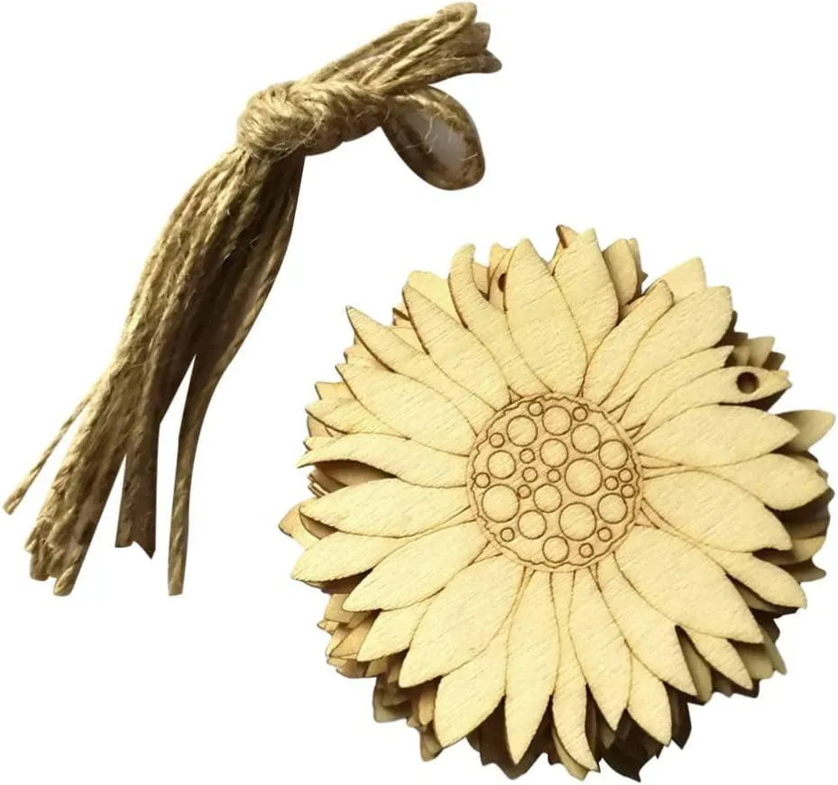 10Pcs Wood Slices Unfinished Wood Cutouts Shapes Pieces Sun Flower Crafts Confetti DIY Pendants with Hemp Rope