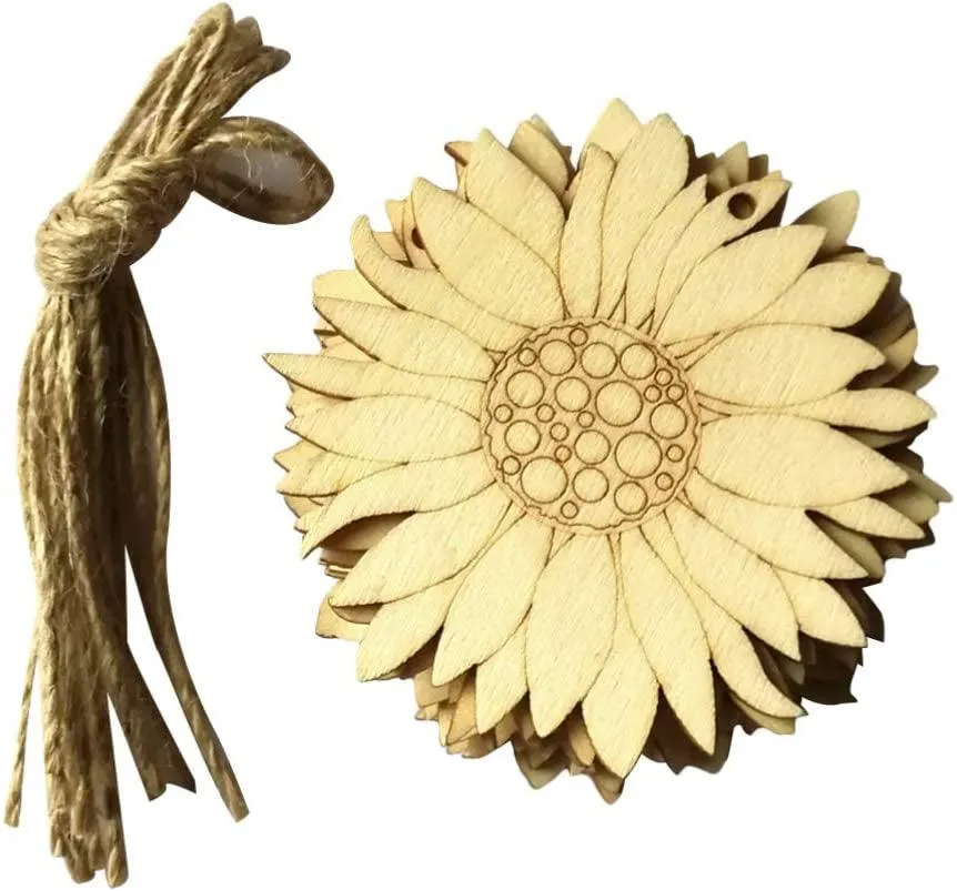 10Pcs Wood Slices Unfinished Wood Cutouts Shapes Pieces Sun Flower Crafts Confetti DIY Pendants with Hemp Rope
