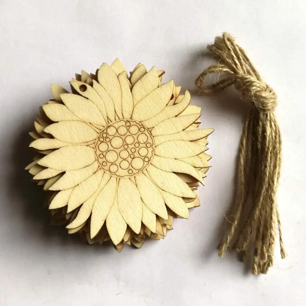 10Pcs Wood Slices Unfinished Wood Cutouts Shapes Pieces Sun Flower Crafts Confetti DIY Pendants with Hemp Rope