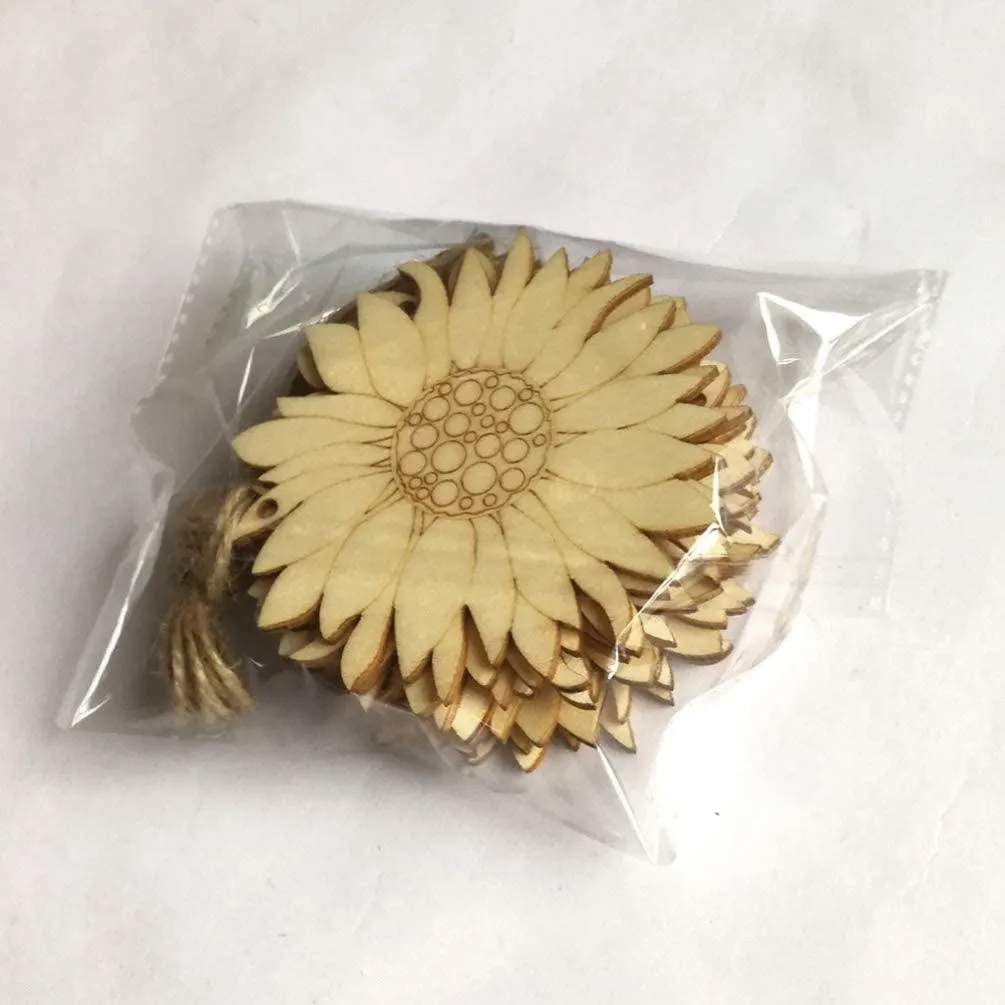 10Pcs Wood Slices Unfinished Wood Cutouts Shapes Pieces Sun Flower Crafts Confetti DIY Pendants with Hemp Rope