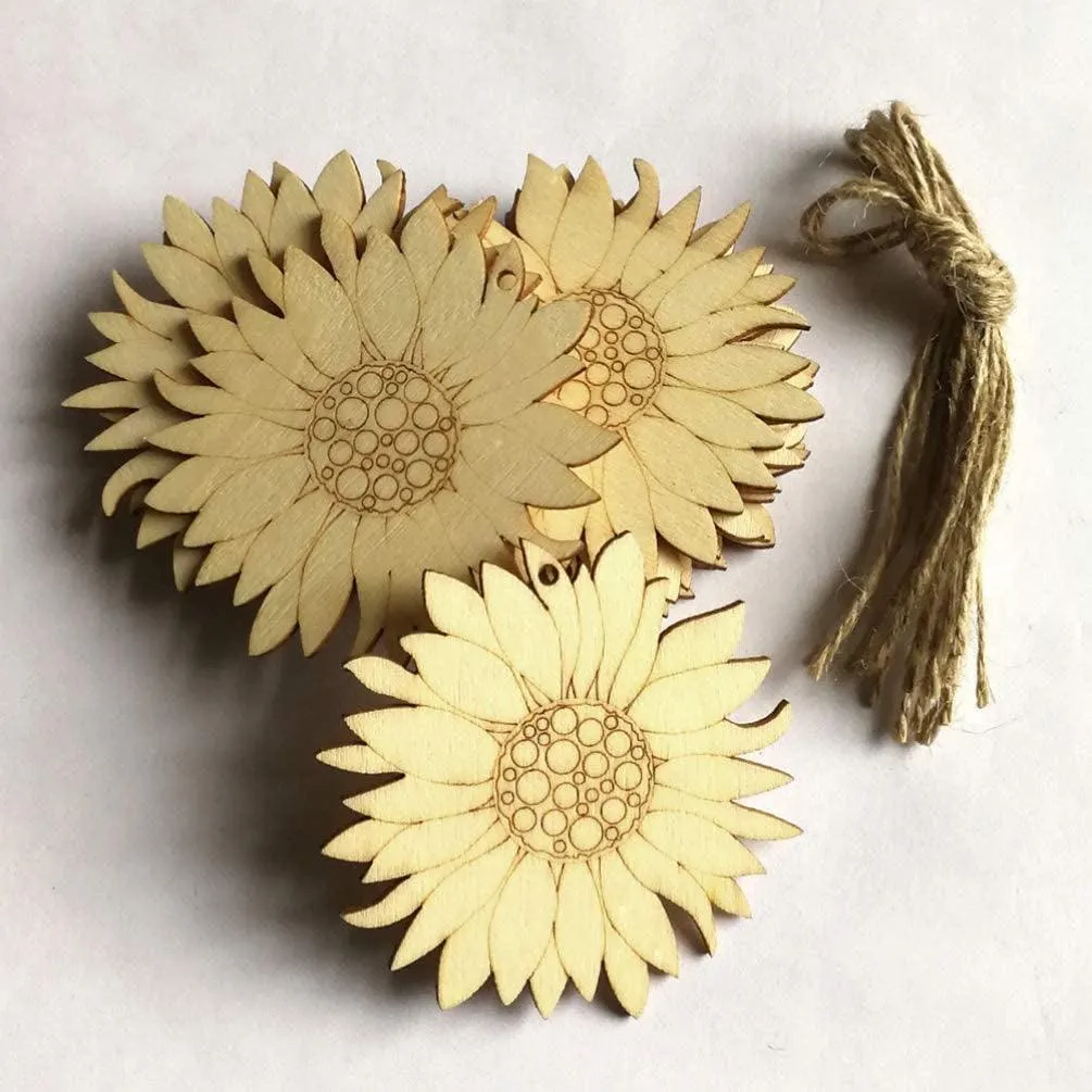 10Pcs Wood Slices Unfinished Wood Cutouts Shapes Pieces Sun Flower Crafts Confetti DIY Pendants with Hemp Rope