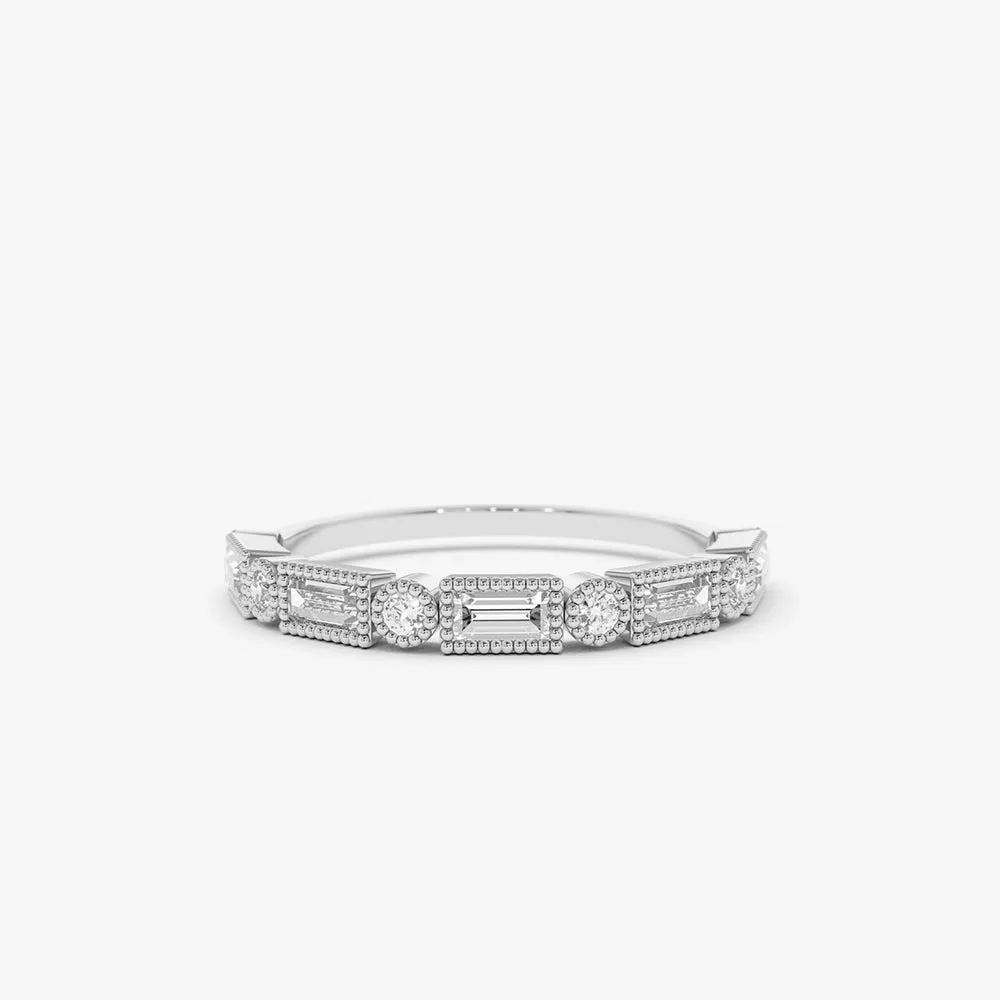 14K Gold Baguette and Round Diamond Ring