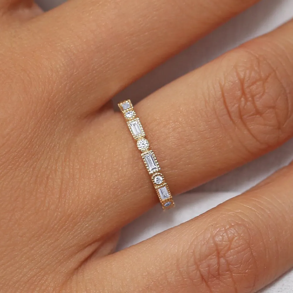 14K Gold Baguette and Round Diamond Ring