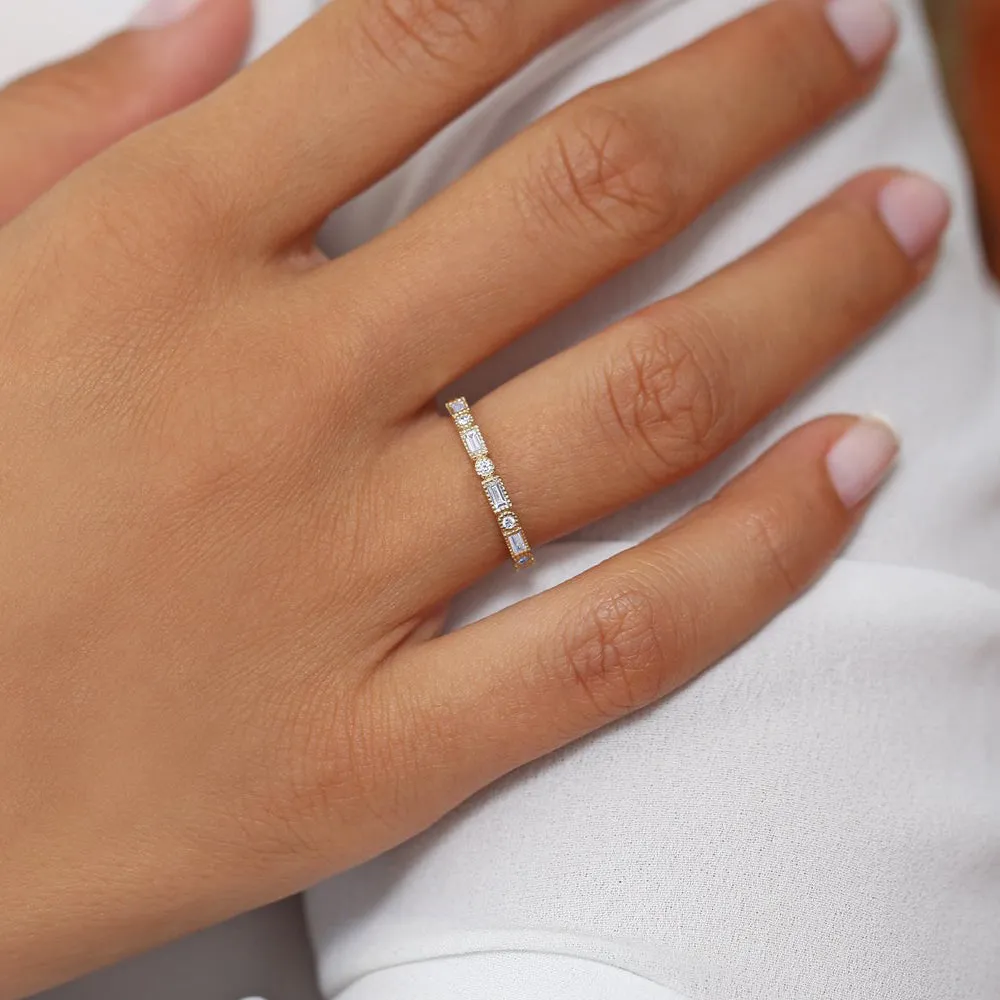 14K Gold Baguette and Round Diamond Ring