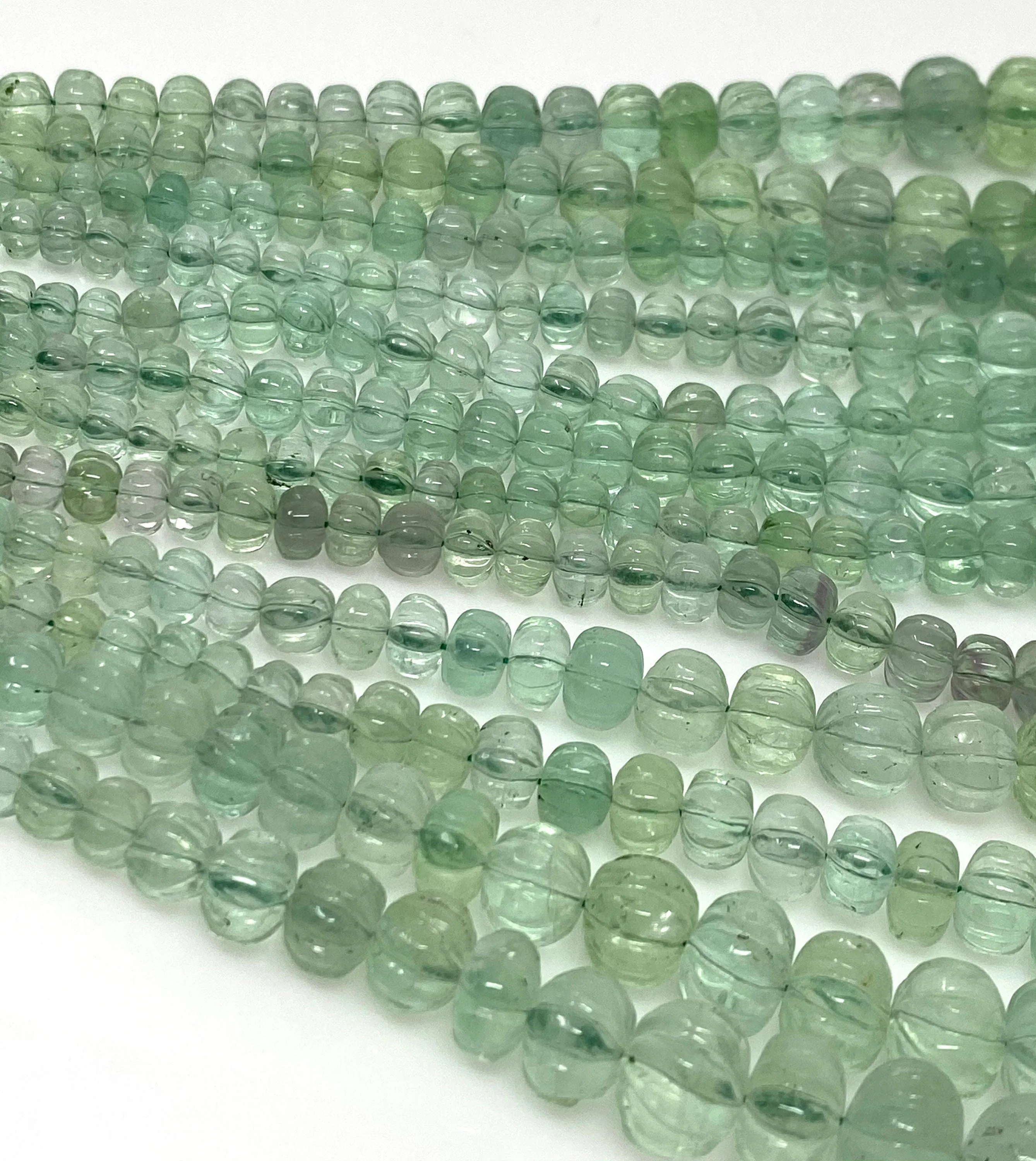 16” Natural Fluorite Gemstone Beads, Green Fluorite Carved Melon Pumpkin Beads, Jewelry Supplies, Wholesale Bulk Beads,