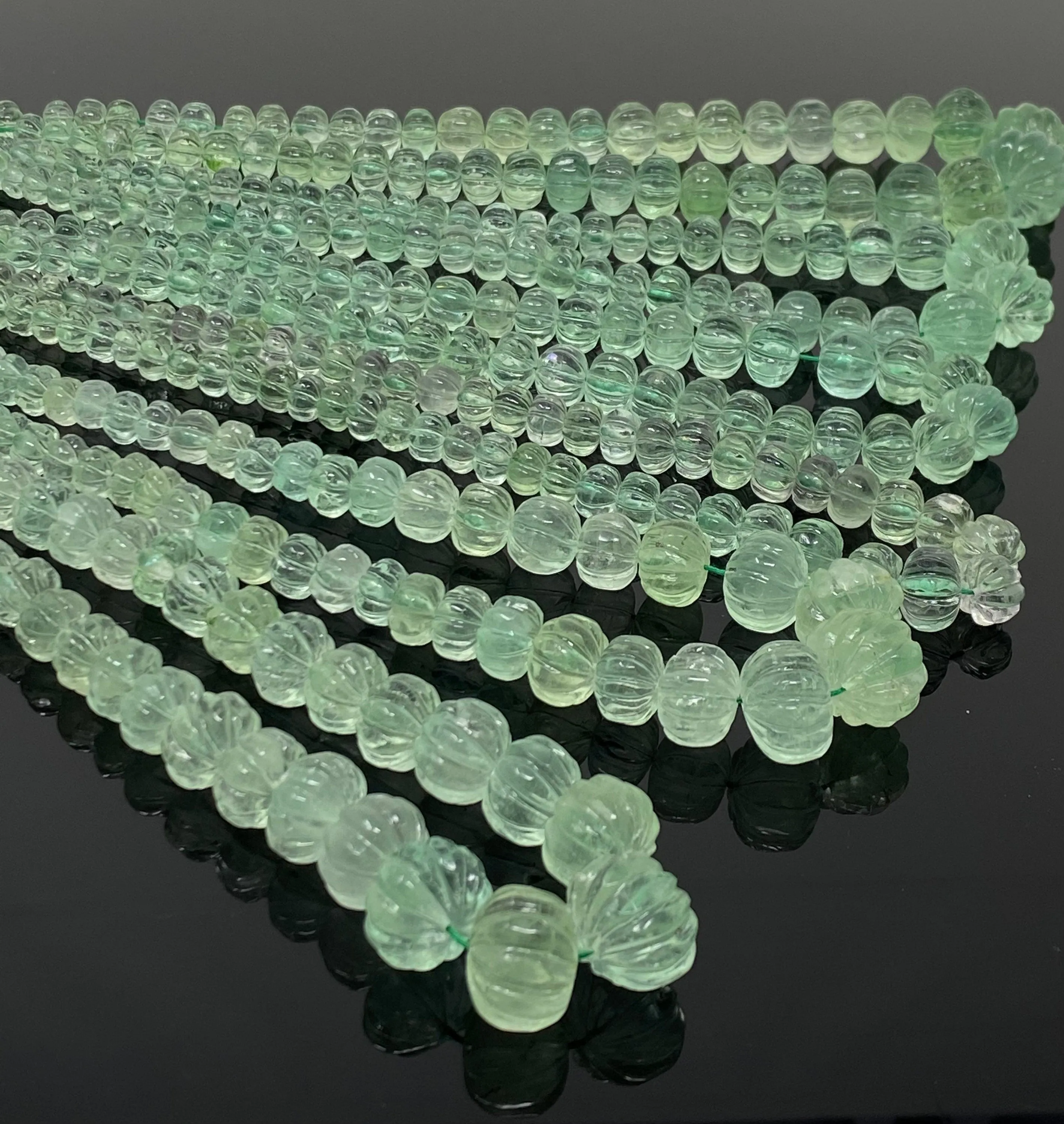 16” Natural Fluorite Gemstone Beads, Green Fluorite Carved Melon Pumpkin Beads, Jewelry Supplies, Wholesale Bulk Beads,