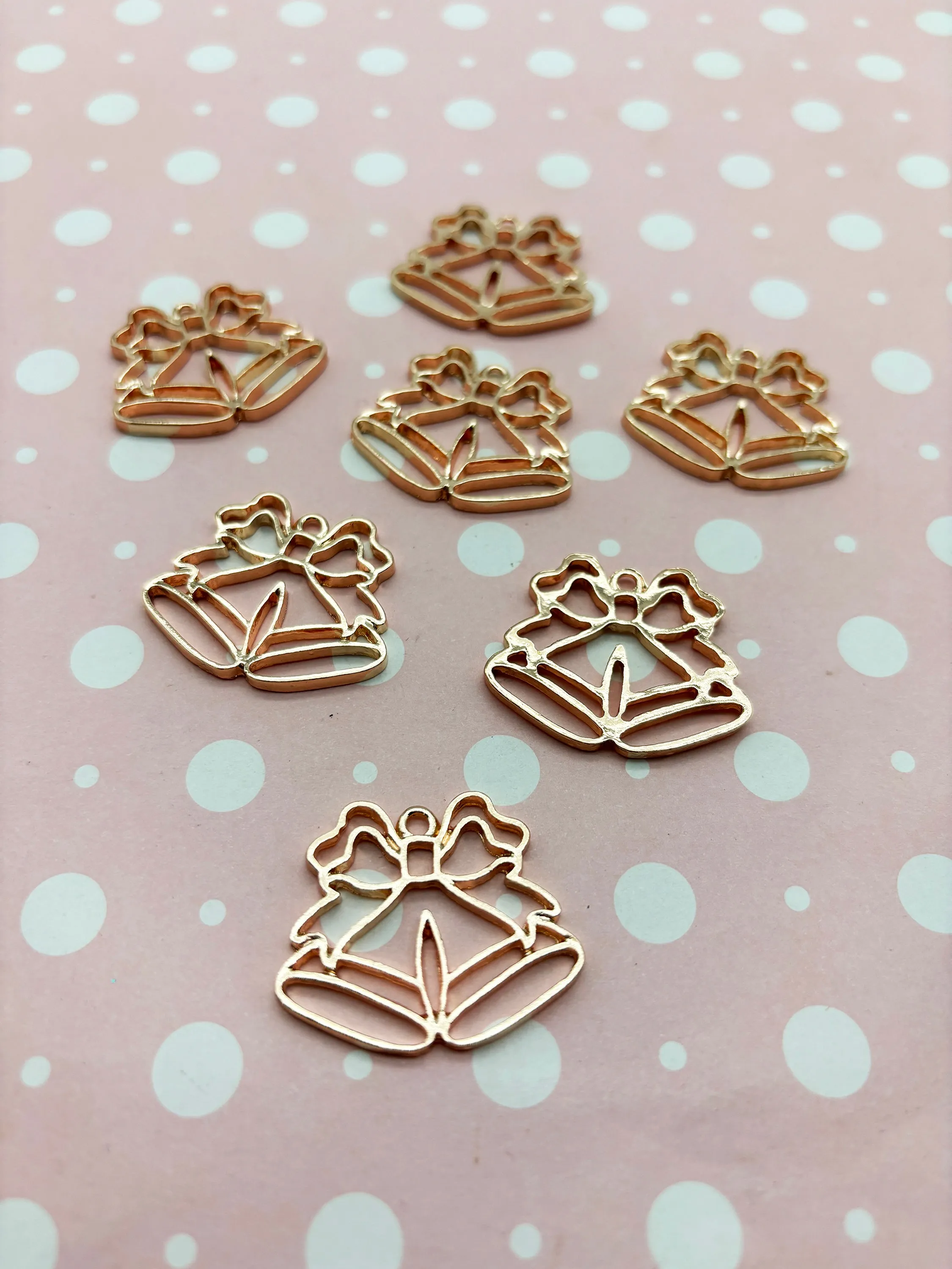 3 Rose Gold Plated Christmas Bell Charms, Open Bezel Pendant, Holiday Xmas Pendants F71