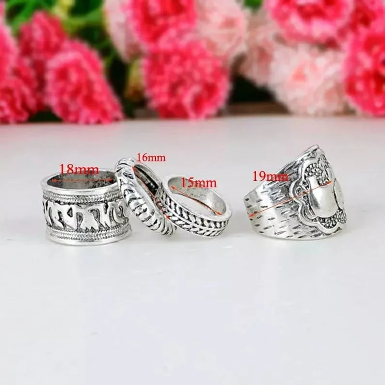 4 Pieces Ethnic Vintage Elephant Bohemian Antique Silver Rings Set