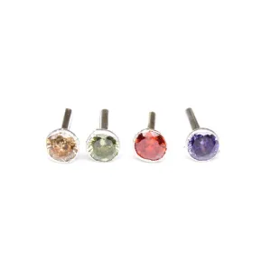 4pc Set Sterling Silver Nose Pin with champagne, Green ,Orange & Purple Color Stone with Push Pin for Girls and women