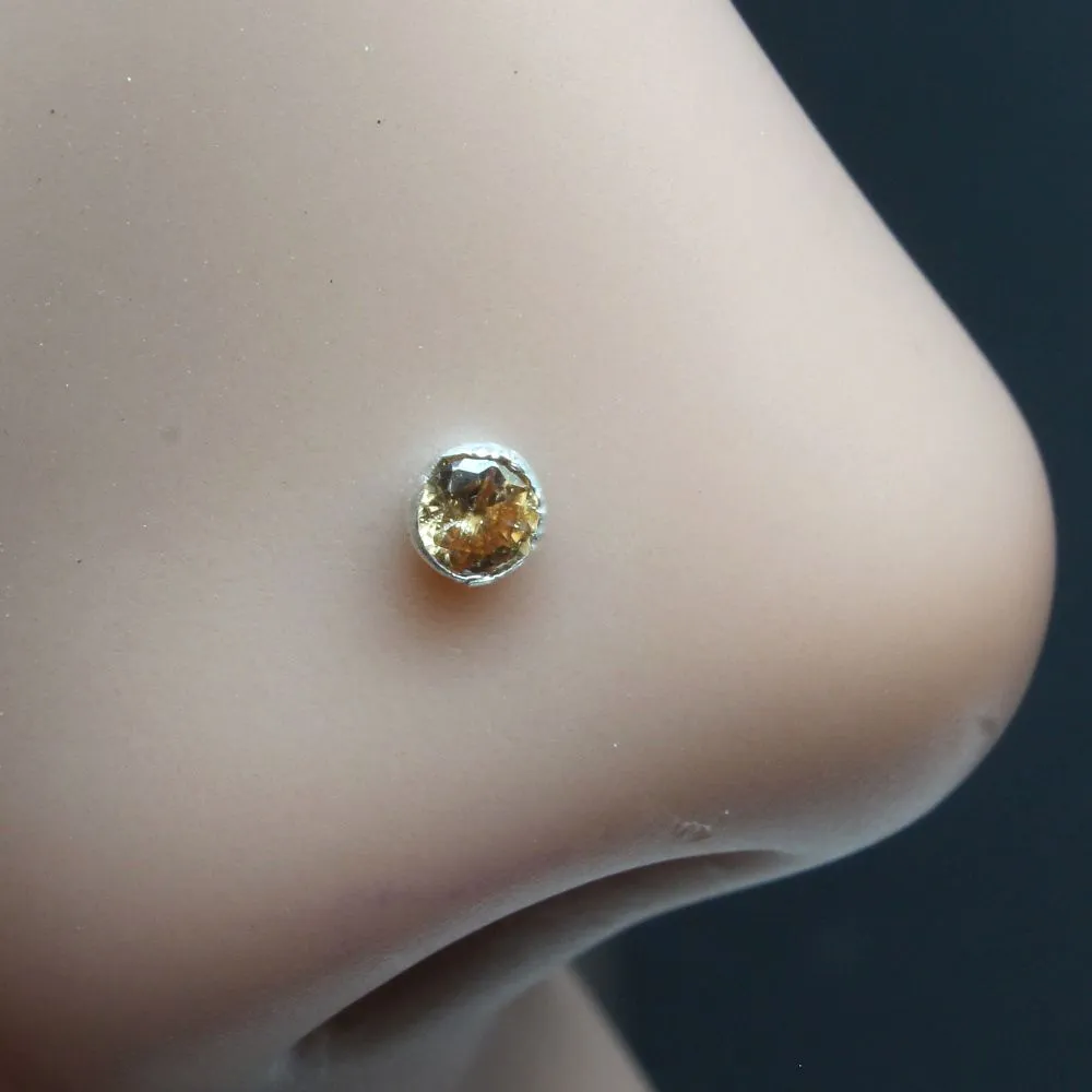 4pc Set Sterling Silver Nose Pin with champagne, Green ,Orange & Purple Color Stone with Push Pin for Girls and women
