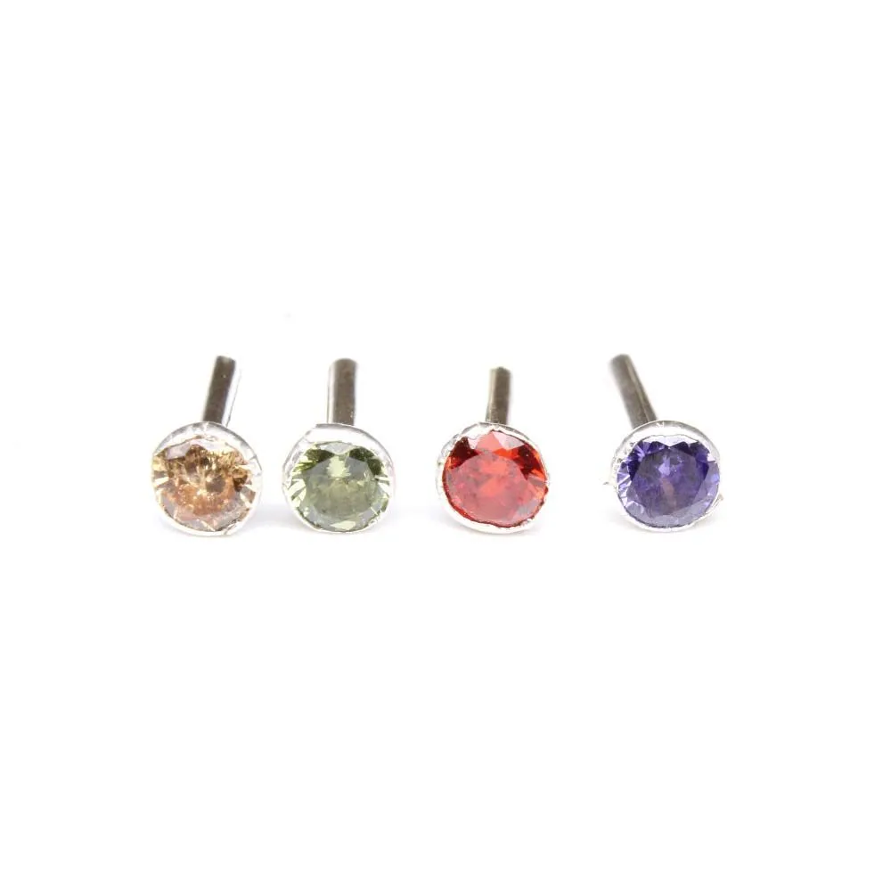 4pc Set Sterling Silver Nose Pin with champagne, Green ,Orange & Purple Color Stone with Push Pin for Girls and women