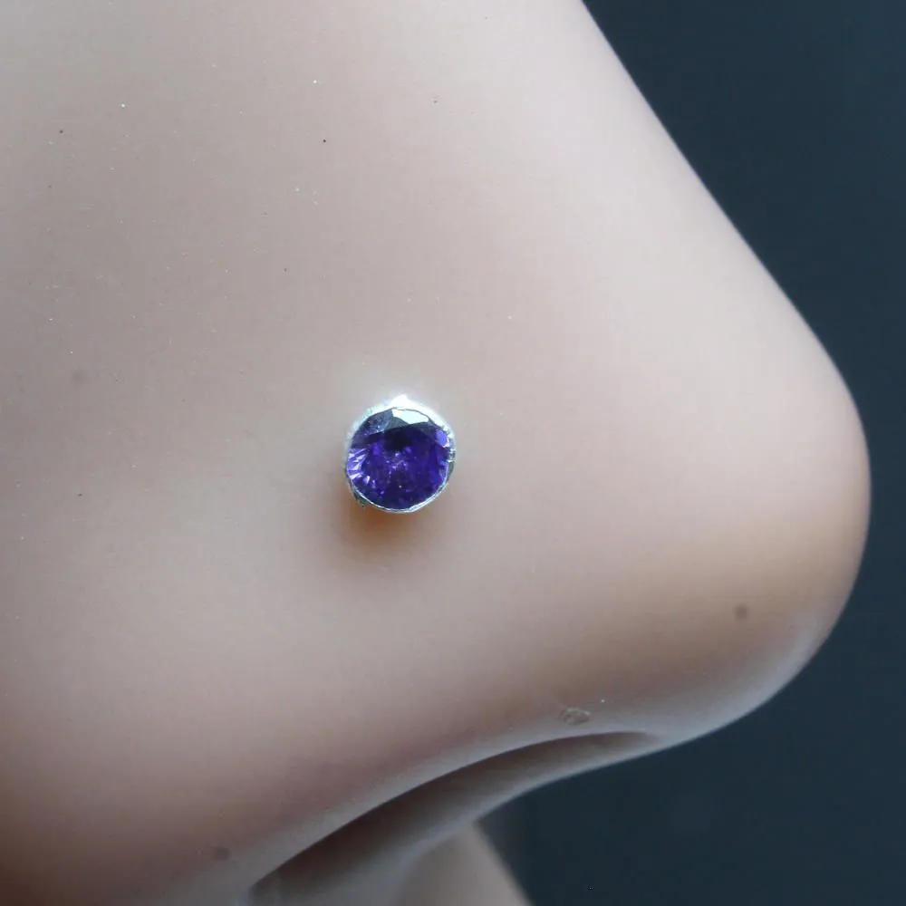 4pc Set Sterling Silver Nose Pin with champagne, Green ,Orange & Purple Color Stone with Push Pin for Girls and women