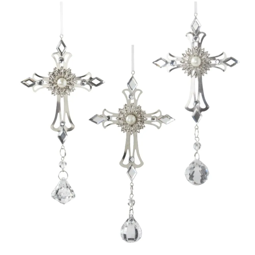 6.5” Cross Ornaments - Metal with Acrylic Pendants  Elegant Christmas Decorations