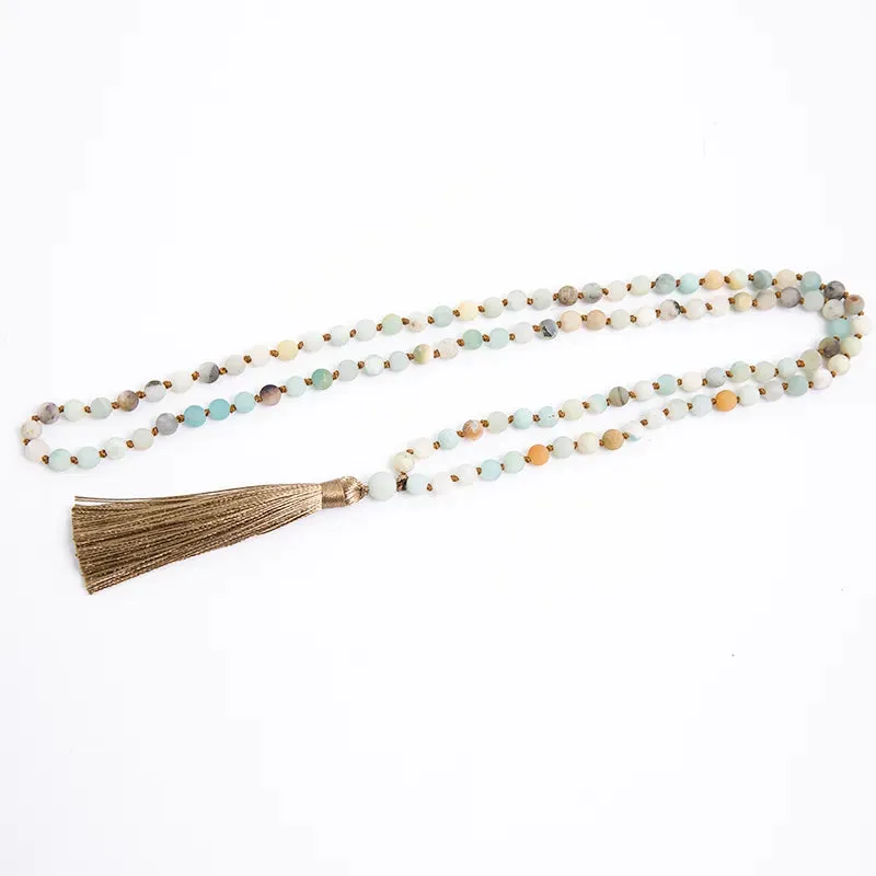 6/8mm Natural Frosted Amazonite Beads Knotted 108 Mala Necklace Meditation