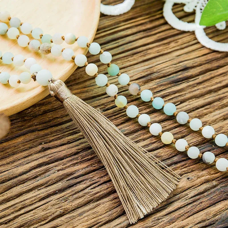 6/8mm Natural Frosted Amazonite Beads Knotted 108 Mala Necklace Meditation
