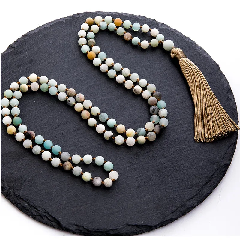 6/8mm Natural Frosted Amazonite Beads Knotted 108 Mala Necklace Meditation