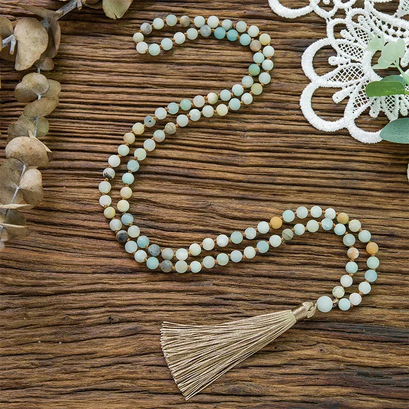 6/8mm Natural Frosted Amazonite Beads Knotted 108 Mala Necklace Meditation