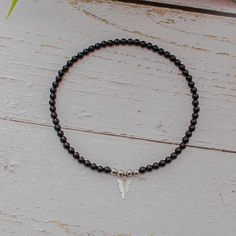 8mm Black Onyx Beaded Elastic Rope Neckchain Men's Charm Arrow Pendant Choker Necklace