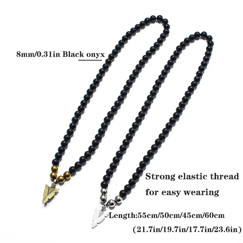 8mm Black Onyx Beaded Elastic Rope Neckchain Men's Charm Arrow Pendant Choker Necklace