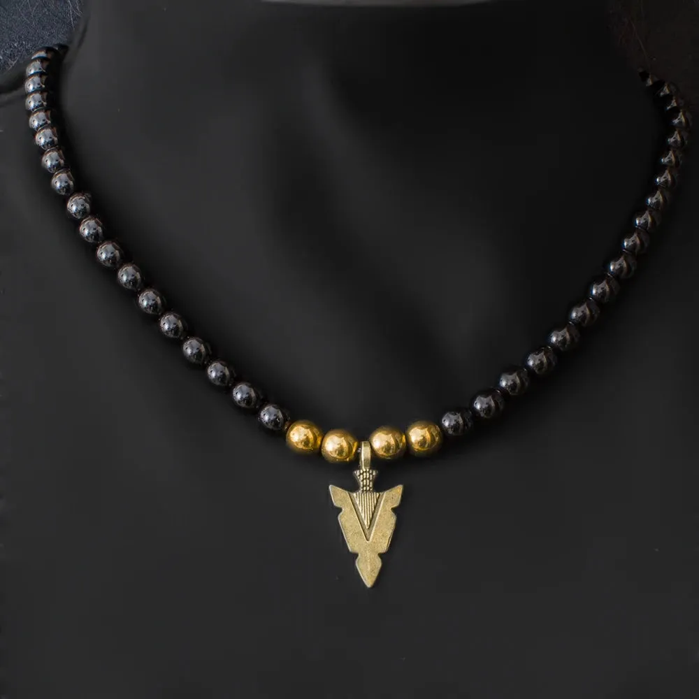 8mm Black Onyx Beaded Elastic Rope Neckchain Men's Charm Arrow Pendant Choker Necklace