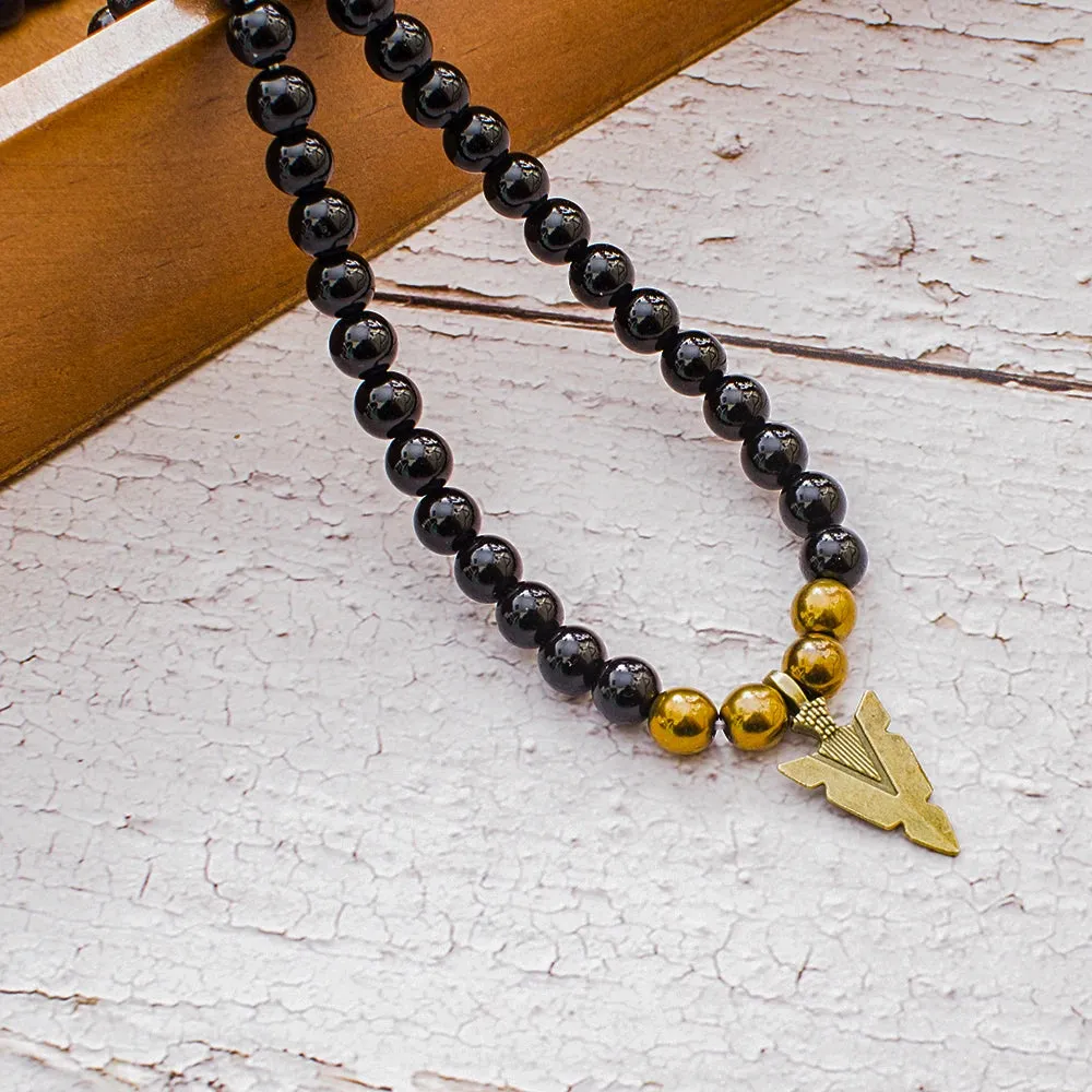 8mm Black Onyx Beaded Elastic Rope Neckchain Men's Charm Arrow Pendant Choker Necklace