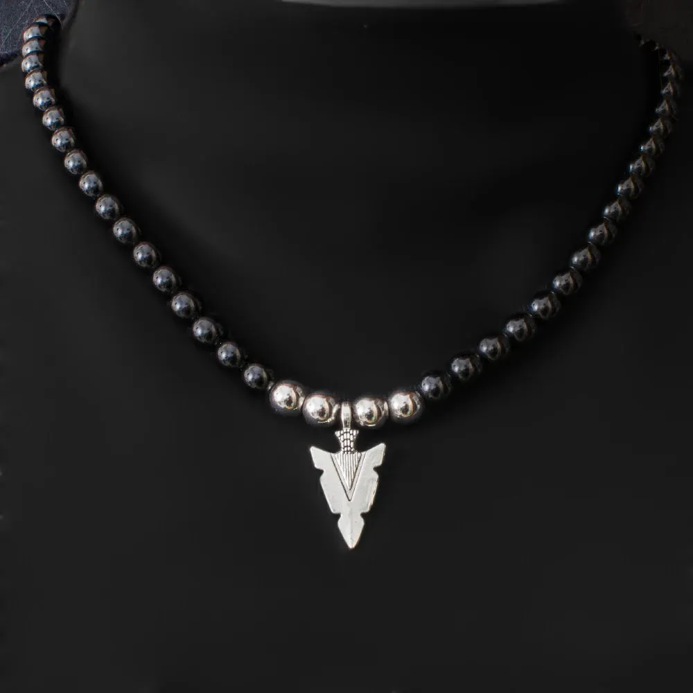 8mm Black Onyx Beaded Elastic Rope Neckchain Men's Charm Arrow Pendant Choker Necklace