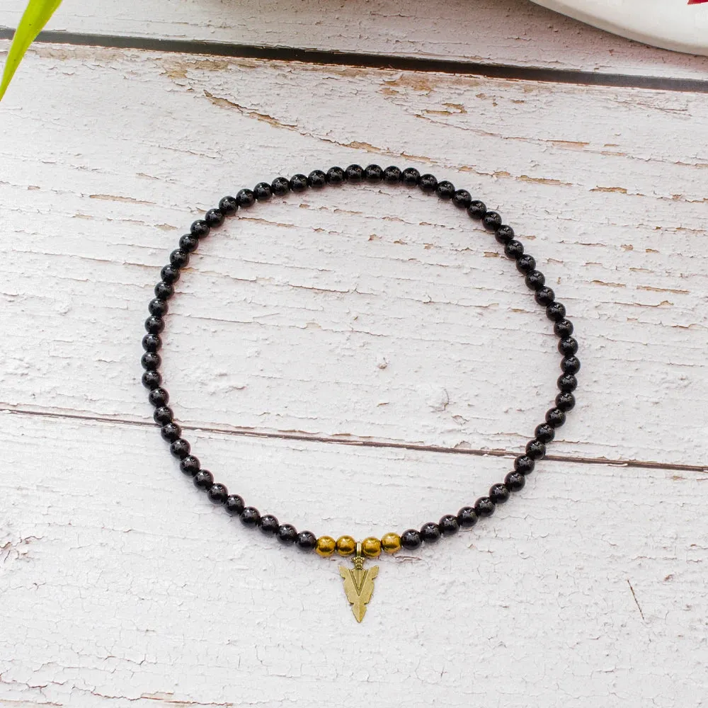 8mm Black Onyx Beaded Elastic Rope Neckchain Men's Charm Arrow Pendant Choker Necklace