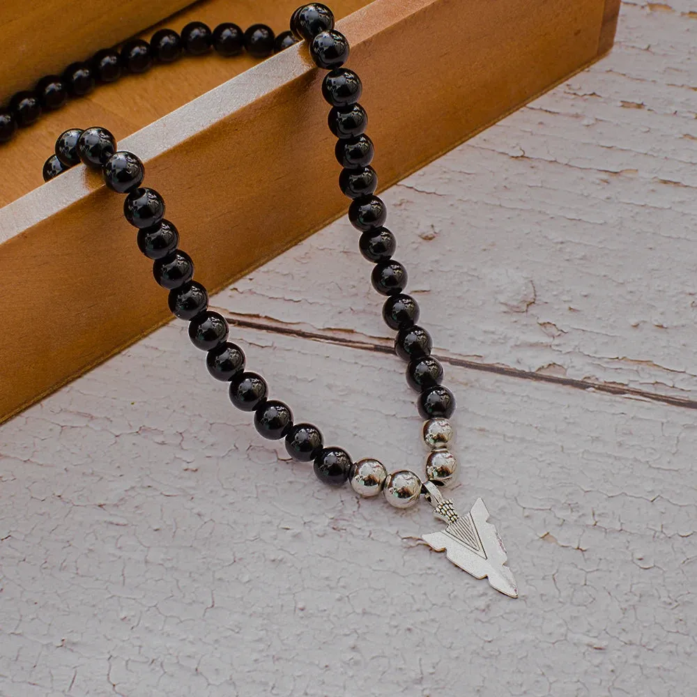 8mm Black Onyx Beaded Elastic Rope Neckchain Men's Charm Arrow Pendant Choker Necklace