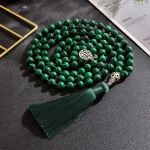 8mm Malachite Beads Knotted 108 Japa Mala Necklace