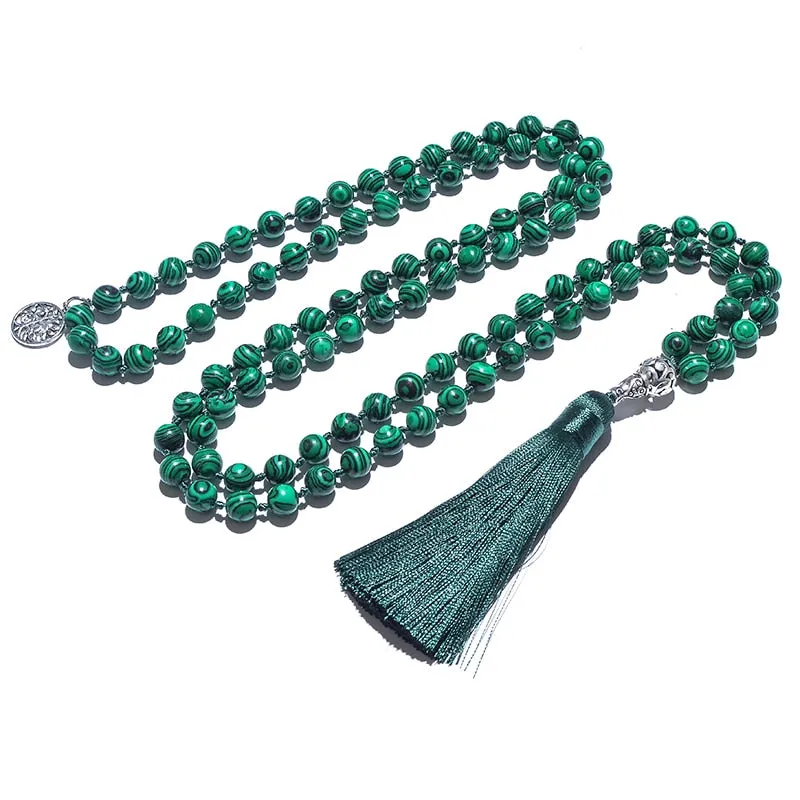 8mm Malachite Beads Knotted 108 Japa Mala Necklace