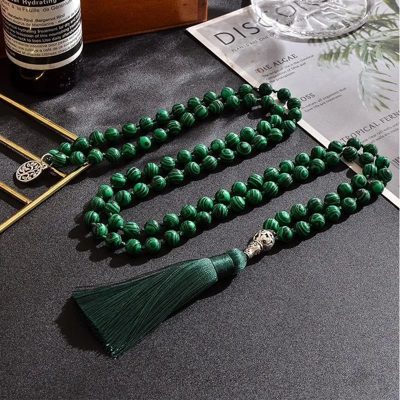 8mm Malachite Beads Knotted 108 Japa Mala Necklace