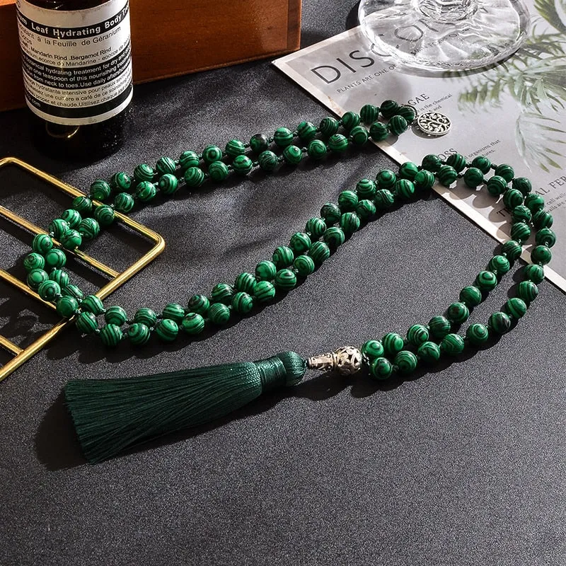 8mm Malachite Beads Knotted 108 Japa Mala Necklace