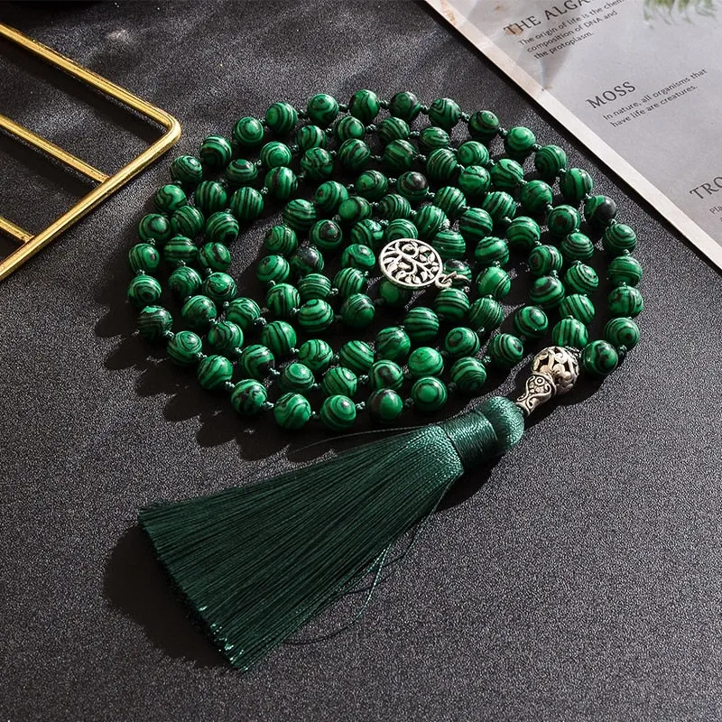 8mm Malachite Beads Knotted 108 Japa Mala Necklace