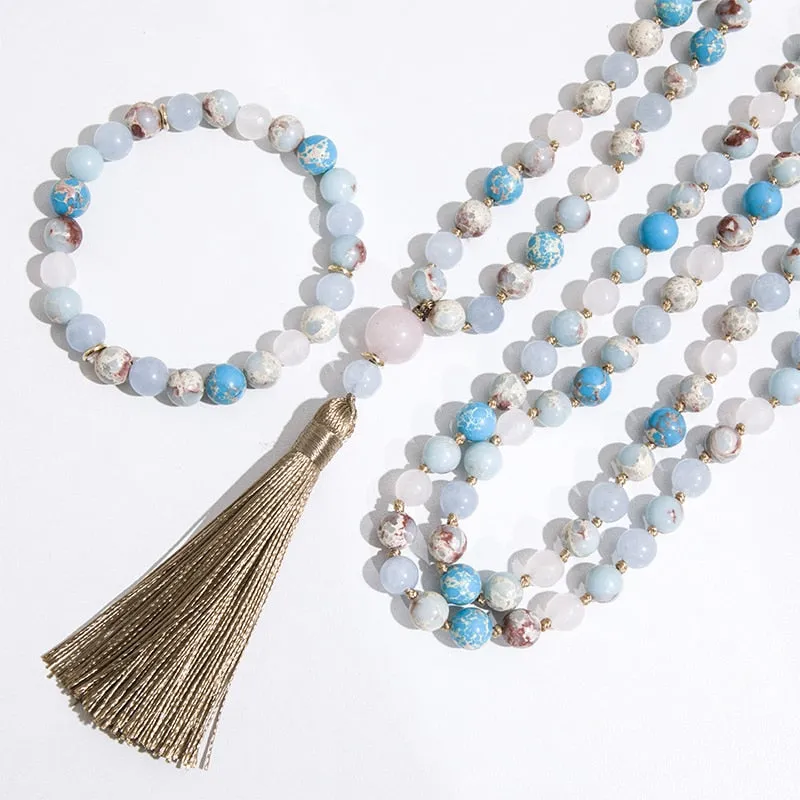 8mm Natural Emperor Jasper Faceted Rose Quartz Aquamarine Beaded Knotted Necklace