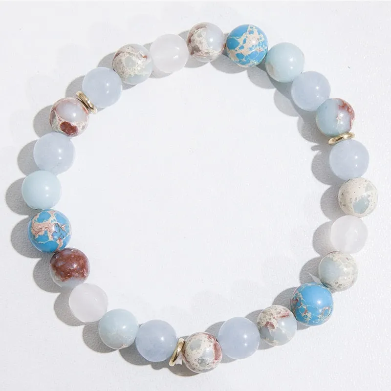 8mm Natural Emperor Jasper Faceted Rose Quartz Aquamarine Beaded Knotted Necklace
