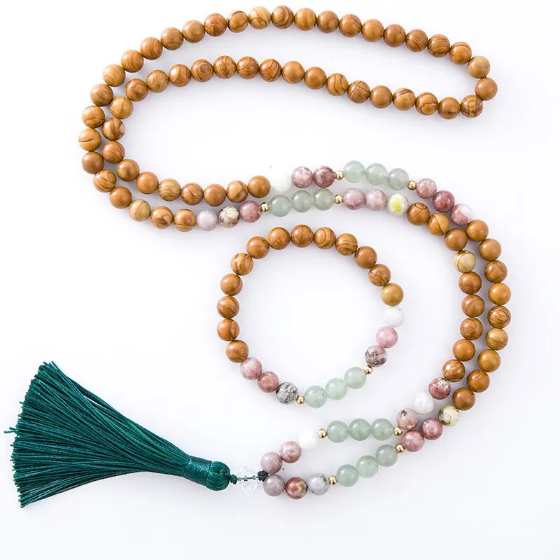 8mm Natural Green Aventurine Yellow Wood Jasper Red Plum Flower Beaded Necklace
