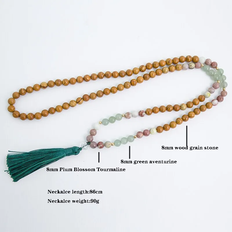 8mm Natural Green Aventurine Yellow Wood Jasper Red Plum Flower Beaded Necklace