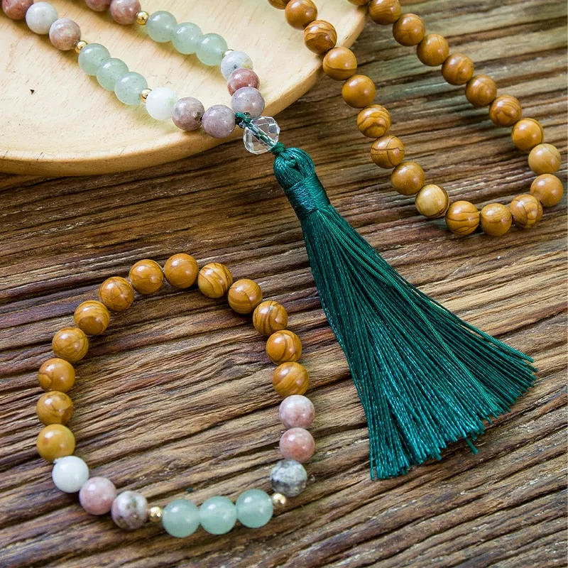 8mm Natural Green Aventurine Yellow Wood Jasper Red Plum Flower Beaded Necklace