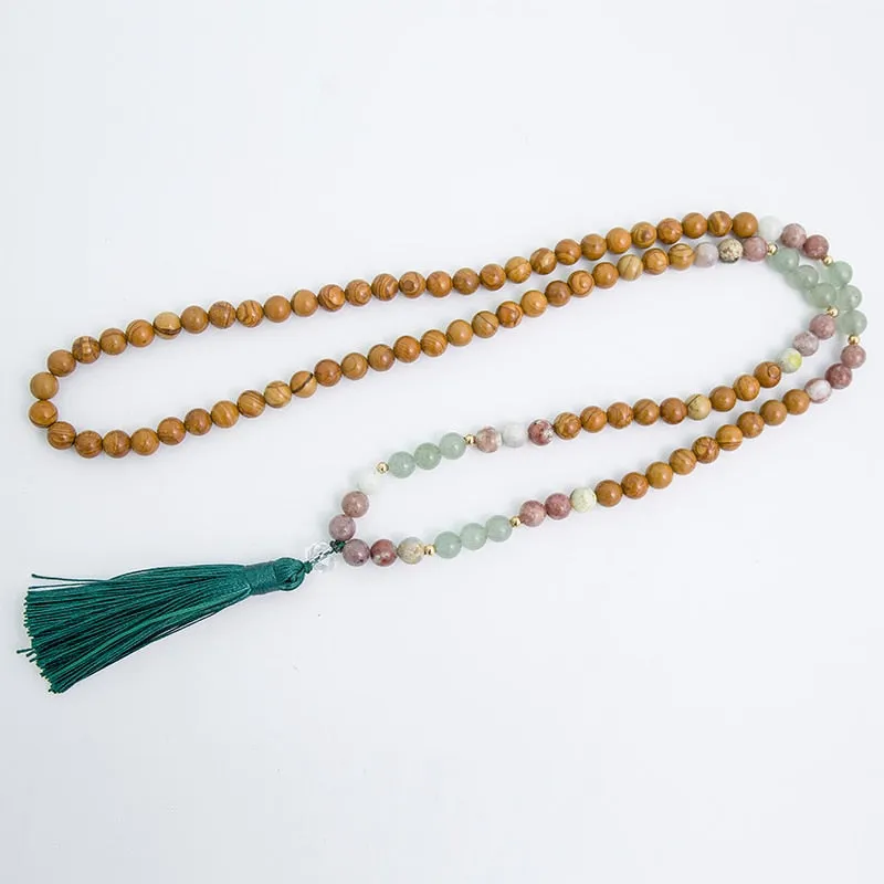 8mm Natural Green Aventurine Yellow Wood Jasper Red Plum Flower Beaded Necklace