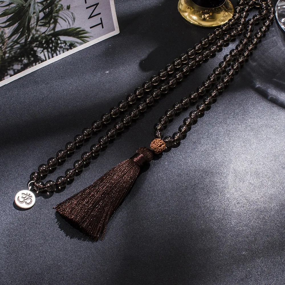 8mm Smoky Quartz Beaded Knotted 108 Mala Necklace