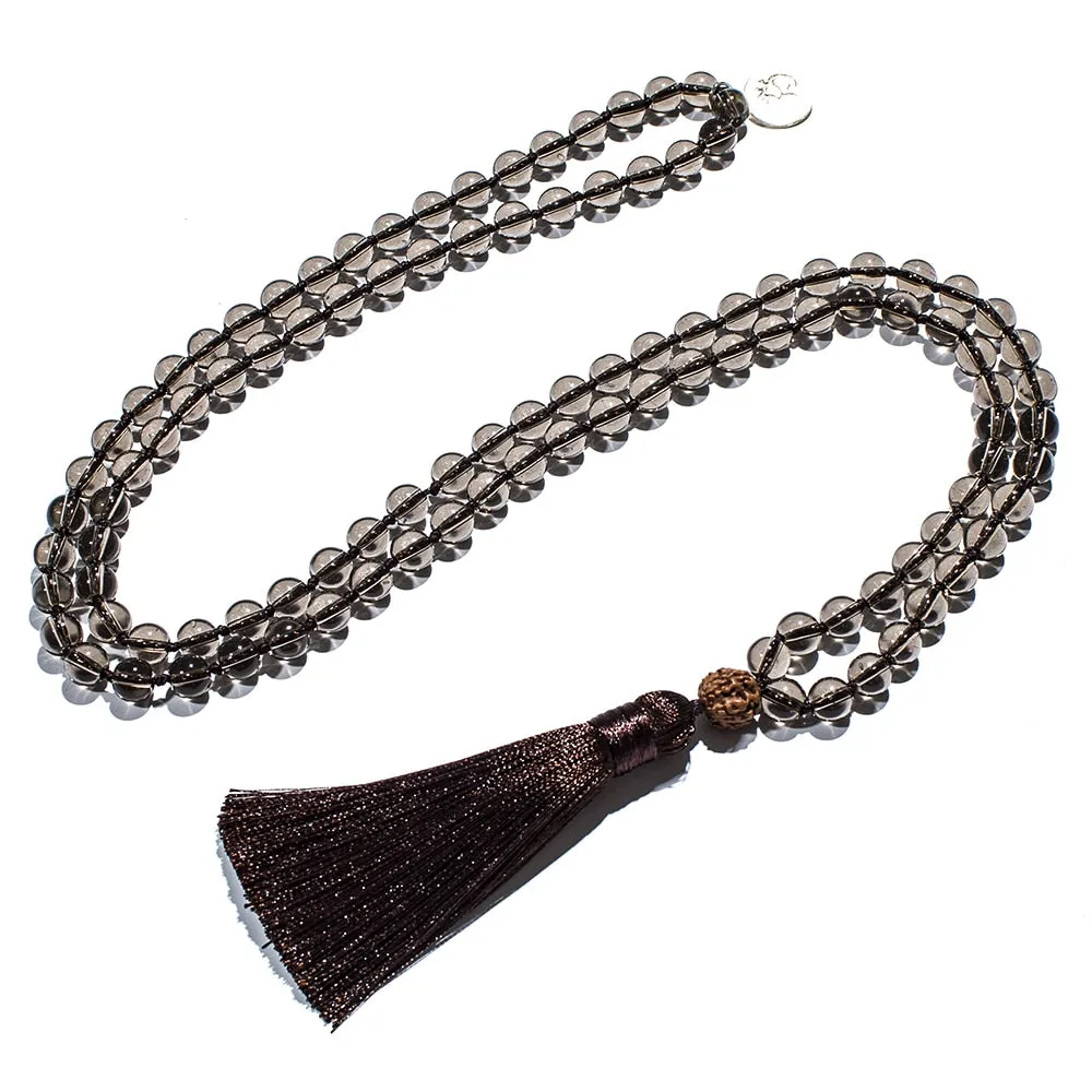 8mm Smoky Quartz Beaded Knotted 108 Mala Necklace