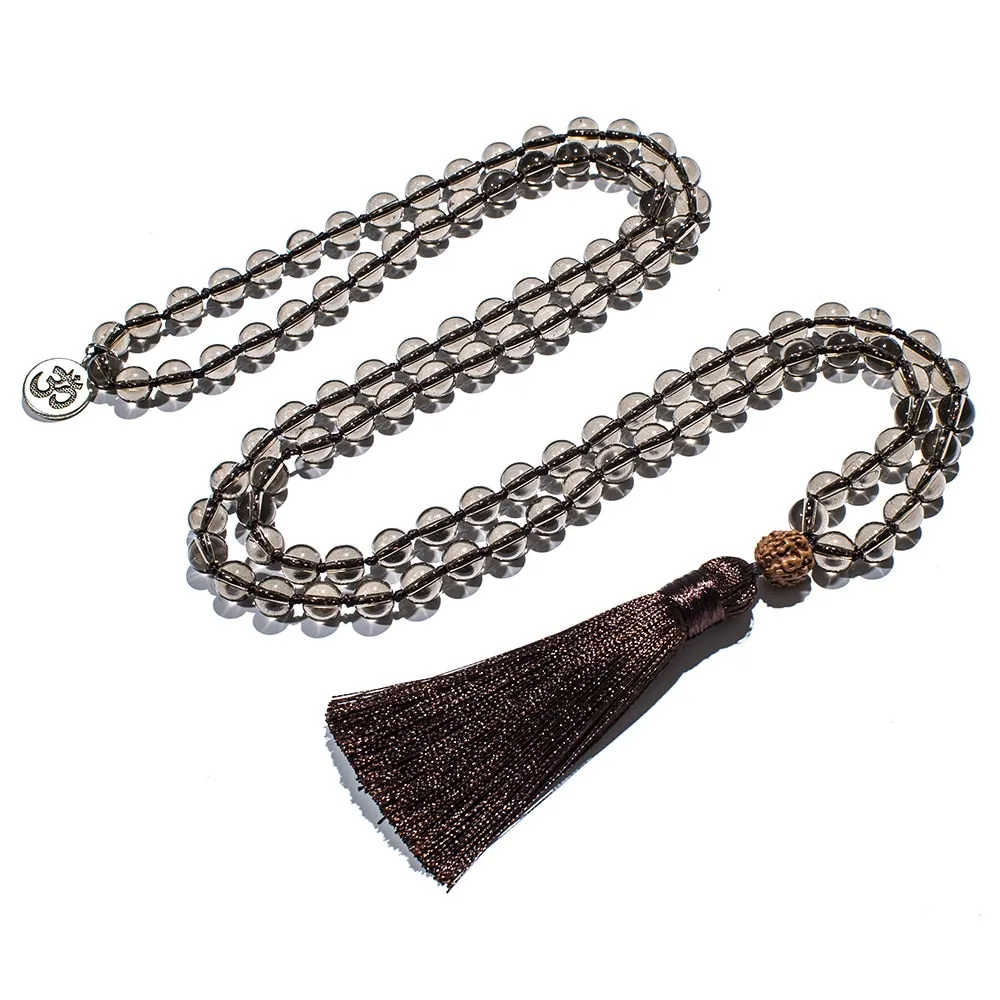 8mm Smoky Quartz Beaded Knotted 108 Mala Necklace