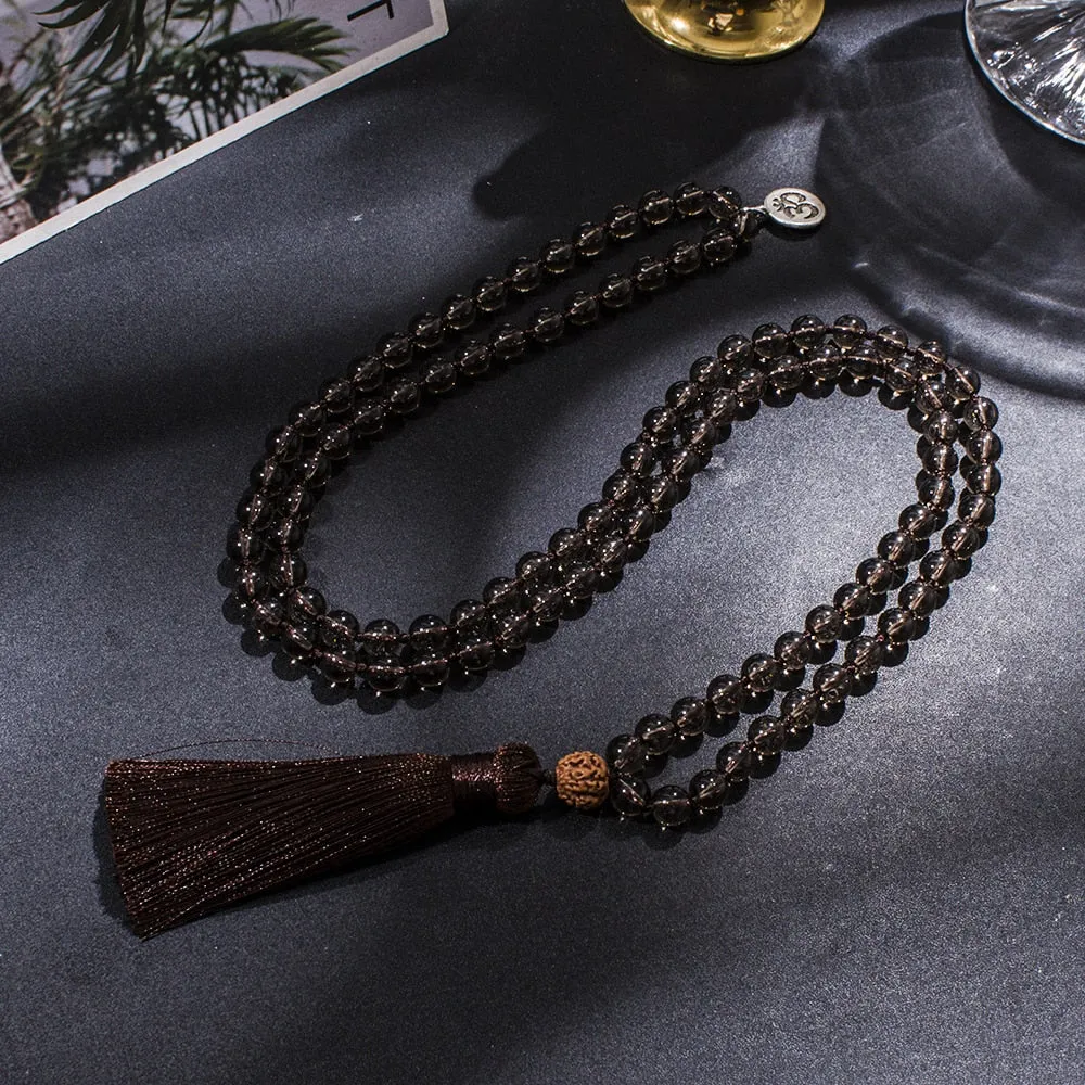 8mm Smoky Quartz Beaded Knotted 108 Mala Necklace