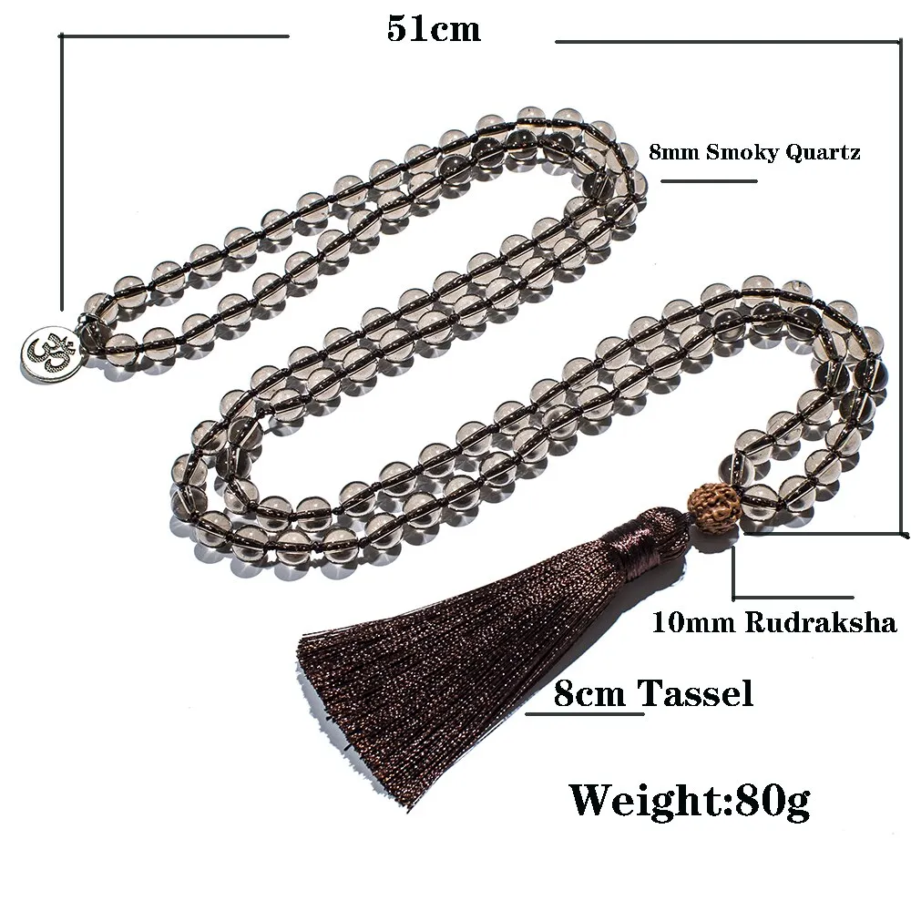 8mm Smoky Quartz Beaded Knotted 108 Mala Necklace