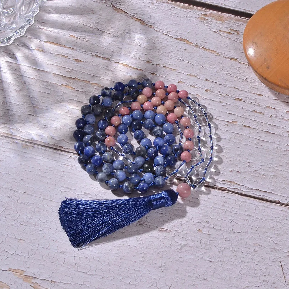 8mm Sodalite Rhodolite Beads Knotted 108 Mala Necklace Meditation Yoga Prayer Rosary
